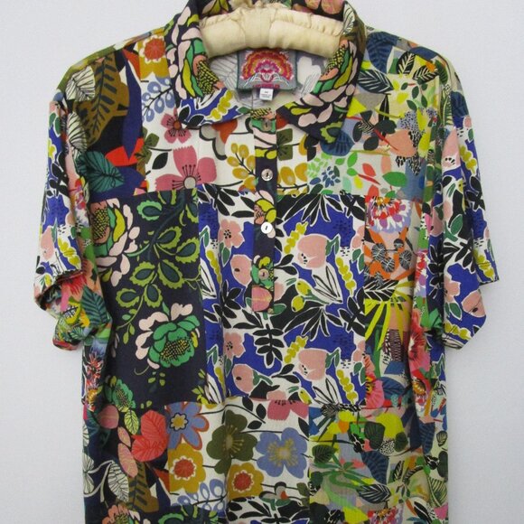 Collar Jersey Bamboo Knit Patchwork Floral Pearl Buttons - Picture 2 of 9